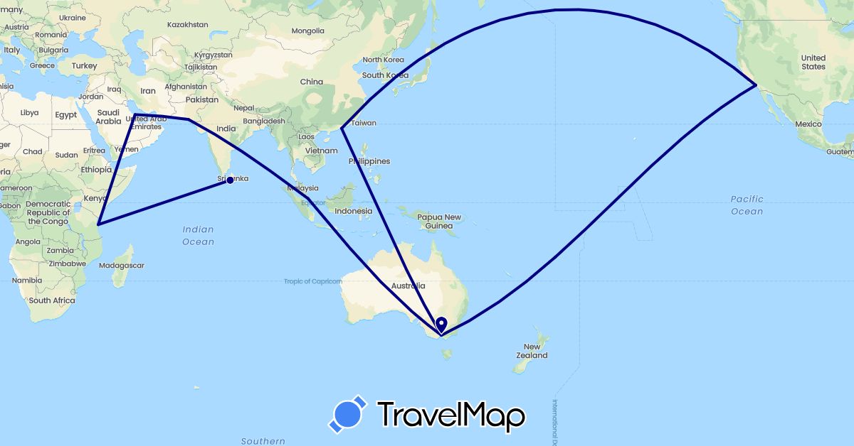 TravelMap itinerary: driving in Australia, Bahrain, China, Sri Lanka, Pakistan, Singapore, Tanzania, United States (Africa, Asia, North America, Oceania)